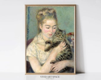 Pierre-Auguste Renoir Woman with a Cat | Impressionist Woman Portrait Painting | Cat Art Print | Printable Wall Art | Digital Download