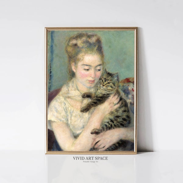 Pierre-Auguste Renoir Woman with a Cat | Impressionist Woman Portrait Painting | Cat Art Print | Printable Wall Art | Digital Download