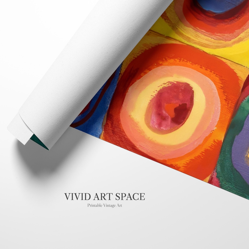 May include: Rolled canvas print featuring a vibrant abstract design with concentric circles in shades of red, yellow, and blue. The artwork is partially unrolled, revealing a white canvas backing. The text "VIVID ART SPACE" and "Printable Vintage Art" are visible.