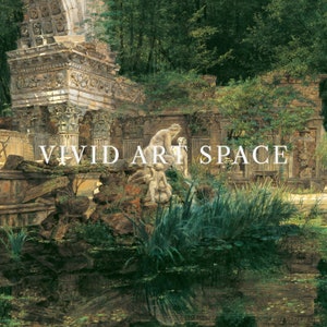 May include: A painting depicting a classical ruin overgrown with greenery. A woman and child are depicted in the foreground, standing near a pond. The text "VIVID ART SPACE" is visible in the lower center of the image.