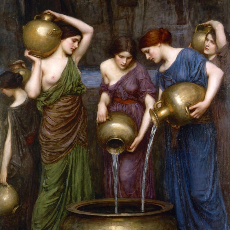 May include: A classical painting depicts several women in draped garments, some holding golden urns. Water streams from the urns into a large, golden basin. The women are in various poses, with a muted color palette of greens, purples, and blues.