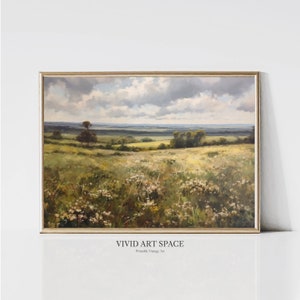 Muted Meadow Wildflowers Painting | Vintage Spring Landscape Print | Rustic Country Print | Printable Farmhouse Wall Art | Digital Download