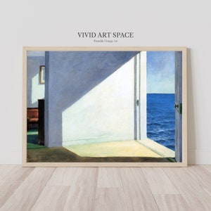 May include: A painting depicting a room with an open door revealing a view of the sea. The room is painted in shades of blue and white, with a single window on the back wall. The sea is a deep blue, with whitecaps on the waves. The painting is titled "VIVID ART SPACE - Printable Vintage Art".