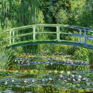 May include: A green wooden bridge arches over a pond filled with water lilies. The water is a vibrant blue and green, reflecting the surrounding foliage. The bridge is surrounded by lush green trees and foliage.