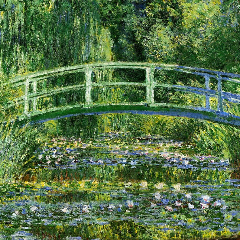 May include: A green wooden bridge arches over a pond filled with water lilies. The water is a vibrant blue and green, reflecting the surrounding foliage. The bridge is surrounded by lush green trees and foliage.