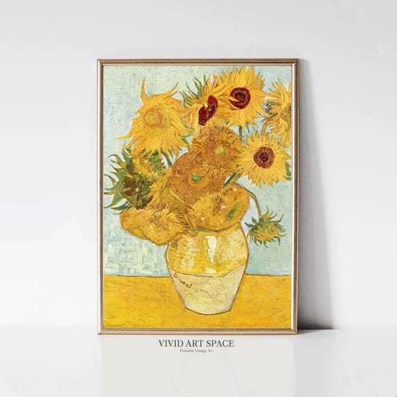 Vincent van Gogh Sunflowers No.2 | Impressionist Floral Painting | Vintage Teal Gold Flower Print | Printable Wall Art | Digital Download