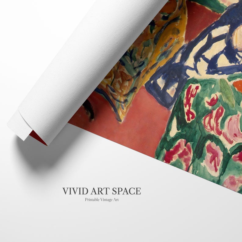 May include: A rolled canvas print of a vibrant abstract painting. The artwork displays a red backdrop with green, blue, yellow, and pink forms. The canvas is partially unrolled, showing the white reverse. The text "VIVID ART SPACE" and "Printable Vintage Art" are visible.
