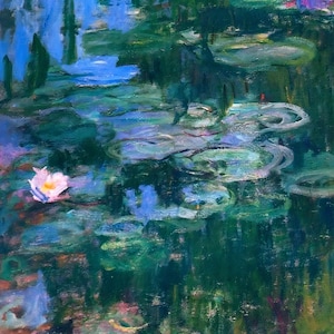 May include: A painting of a pond with water lilies. The water is a vibrant green and blue, with white lily pads floating on the surface. A single pink water lily is in bloom in the foreground.