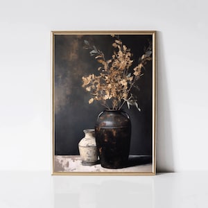Pintura botánica rústica / Naturaleza muerta con ramas secas vintage oscuras / Impresión de plantas melancólicas / Jarrones antiguos / Arte de pared imprimible / Descarga digital