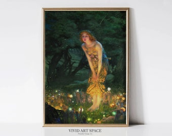 Midsummer Eve by Edward Robert Hughes | Pre-Rhaphaelite Art Print | Dark Woman Portrait Painting | Fairy Printable Wall Art Digital Download