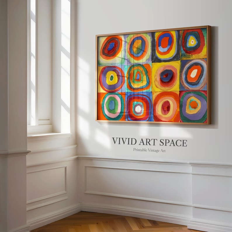May include: A framed abstract art print featuring a grid of colorful concentric circles in various hues. The artwork is displayed on a white wall, with the text "VIVID ART SPACE" and "Printable Vintage Art" below the frame.