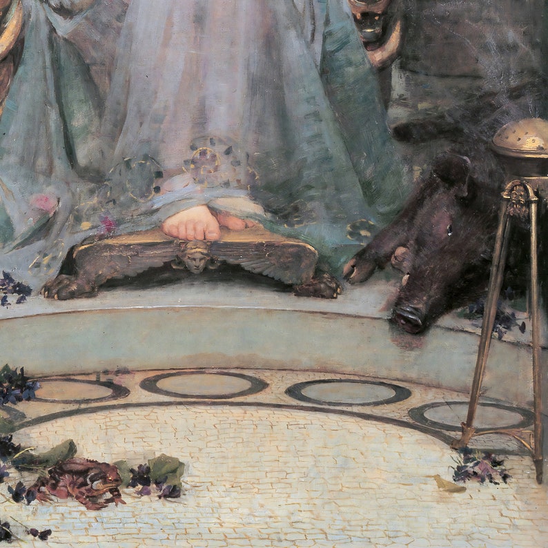 Puede incluir: Una pintura que representa a una mujer sentada en un trono con un peque&ntilde;o cerdo acostado a sus pies. La mujer lleva una t&uacute;nica blanca fluida y una corona. El cerdo es marr&oacute;n y negro y tiene una cola rizada. El fondo es azul oscuro y verde.