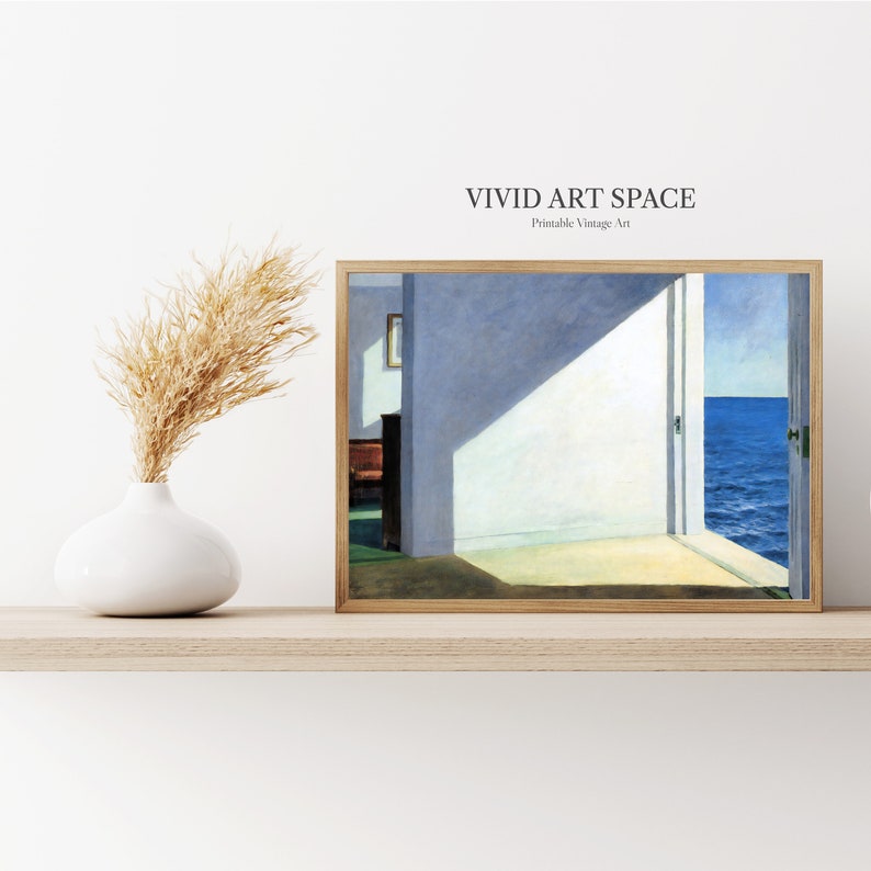 May include: A framed painting depicting a room with a door opening onto a view of the sea. The room is painted in shades of blue and white, with a single window and a wooden floor. The sea is a deep blue, with whitecaps visible in the distance.