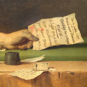 Może przedstawiać: Zbliżenie na dłoń trzymającą ręcznie napisany liścik. Liścik głosi "du 13. juillet, 1793. Marie anne Charlotte Corday au citoyen marat. il Suffit que je sois bien Malheureur pour avoir Droit a votre bienveillance".