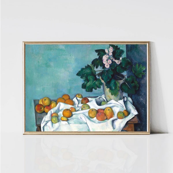 Paul Cézanne Pommes Primevères | Impression de fruits impressionniste | peinture nature morte vintage | Art mural imprimable cuisine | Téléchargement numérique