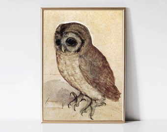 May include: A vintage watercolor painting of an owl with brown and white feathers. The owl is perched on a branch with its wings folded. The background is a light brown color.