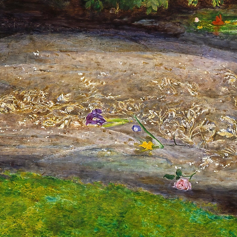 K&ouml;nnte beinhalten: Ein impressionistisches Gem&auml;lde mit einer strukturierten, goldbraunen Oberfl&auml;che und floralen Akzenten. Eine lila Iris, eine gelbe Narzisse und eine rosa Rose sind auf der Oberfl&auml;che verstreut. Gr&uuml;nes Gras ist unten sichtbar.