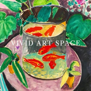 May include: A painting of a glass bowl filled with orange goldfish, surrounded by green plants. The bowl is sitting on a purple and white plate. The painting is titled "VIVID ART SPACE".