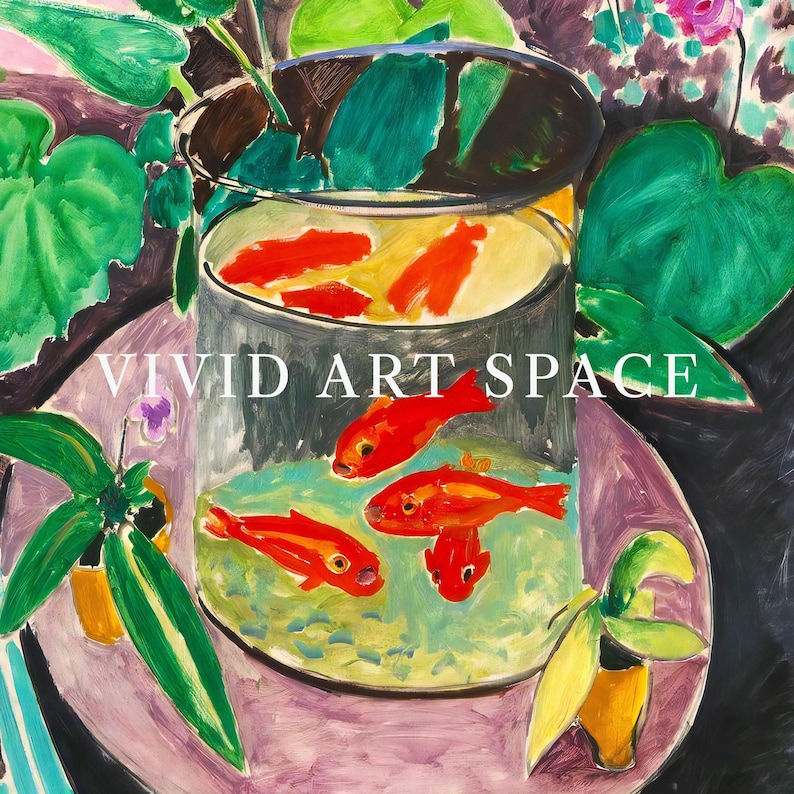 May include: A painting of a glass bowl filled with orange goldfish, surrounded by green plants. The bowl is sitting on a purple and white plate. The painting is titled "VIVID ART SPACE".