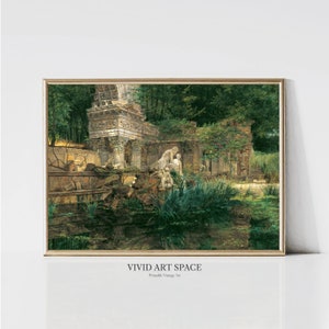 May include: A vintage painting of a lush green garden with a stone fountain and statues. The fountain is surrounded by trees and bushes, and the water is clear and still. The painting is framed in a gold frame.