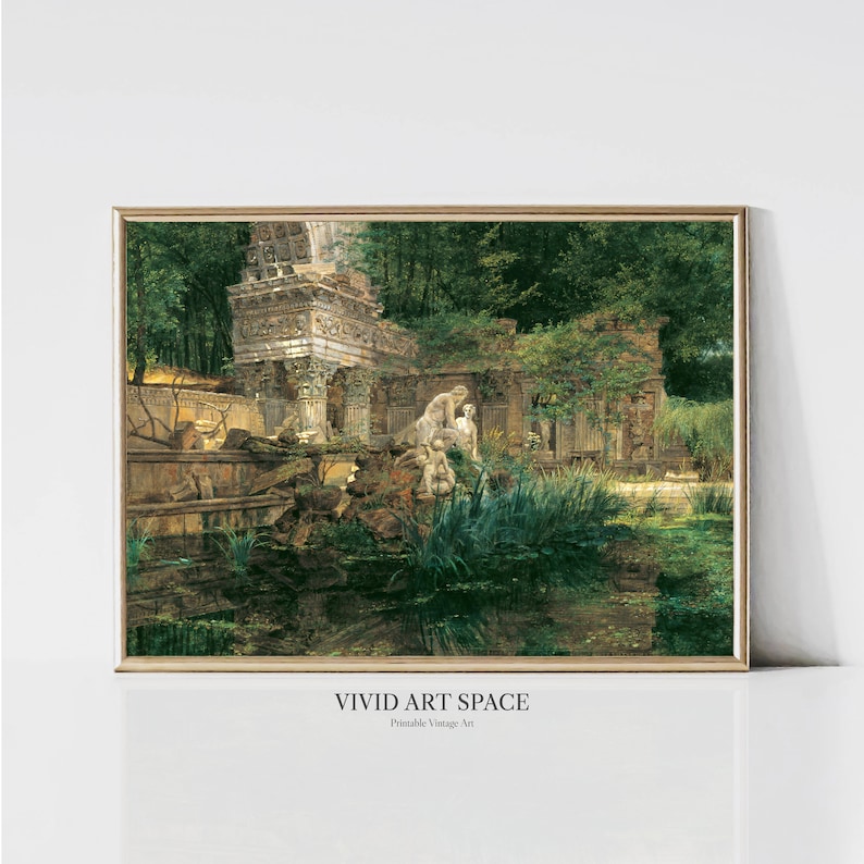 May include: A vintage painting of a lush green garden with a stone fountain and statues. The fountain is surrounded by trees and bushes, and the water is clear and still. The painting is framed in a gold frame.