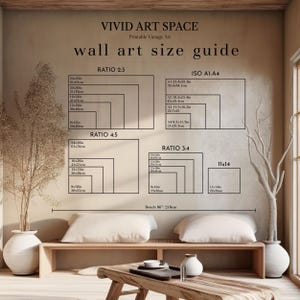 May include: A wall art size guide with text "VIVID ART SPACE" and "Printable Vintage Art". The guide displays various rectangular sizes in inches and centimeters, including ratios 2:3, 4:5, 3:4, and ISO A1-A4. The image is set in a neutral-toned room.
