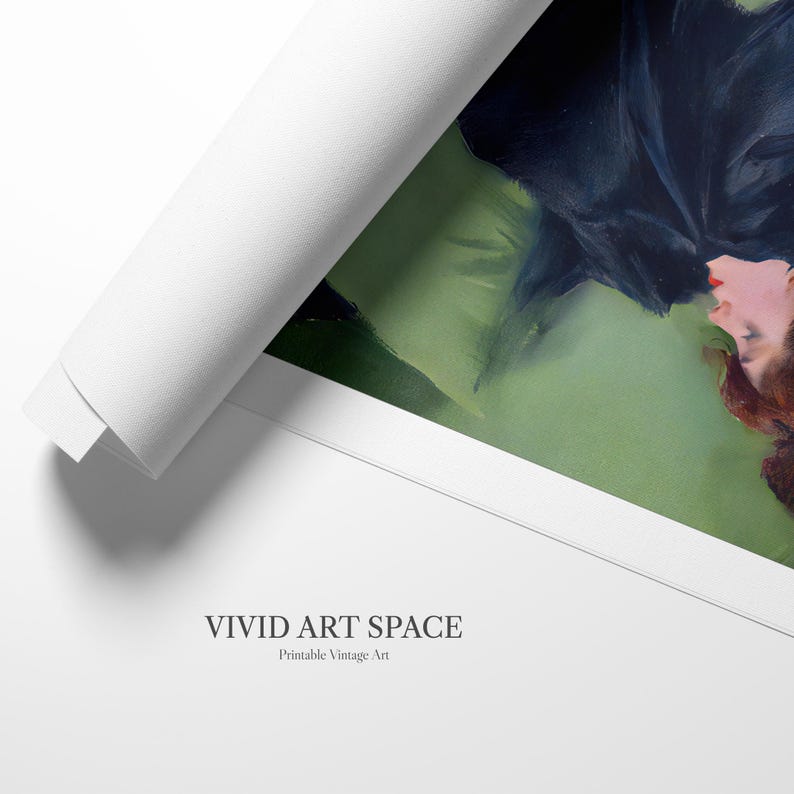 May include: Rolled canvas print of a vintage painting depicting a woman with red hair and lips. The artwork uses dark blues and greens, with the text "VIVID ART SPACE" and "Printable Vintage Art" at the bottom.