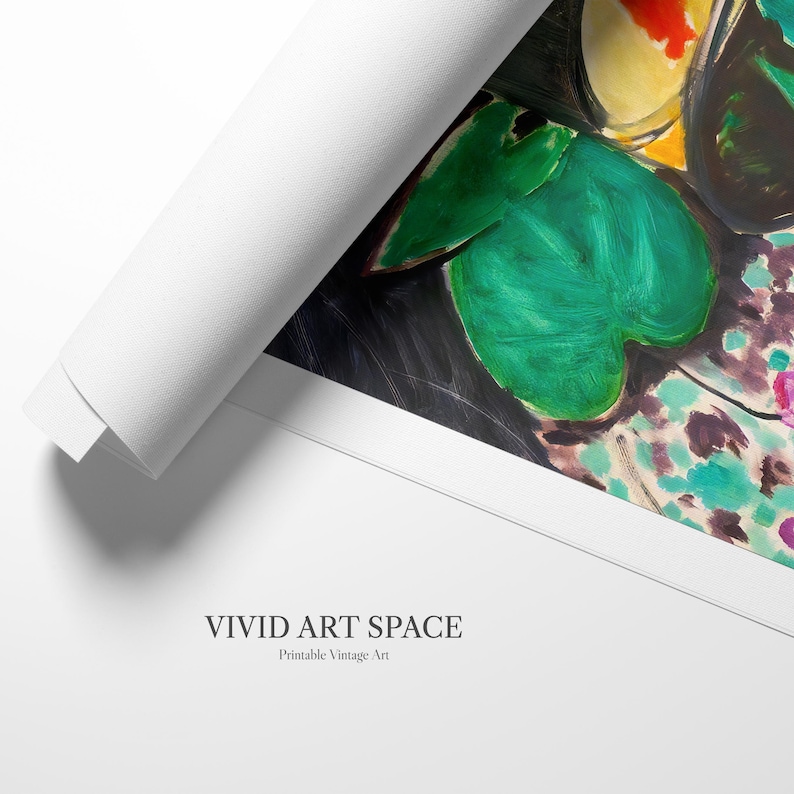 May include: Abstract painting with bold strokes of green, black, yellow, and pink. The painting features a large green shape in the center, surrounded by smaller shapes of various colors.