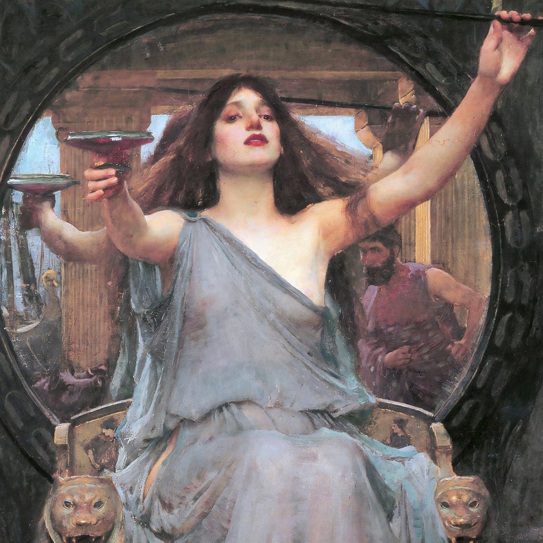 Puede incluir: Una mujer con un vestido azul fluido sostiene una copa en una mano y una balanza en la otra. Est&aacute; sentada en un trono con una cabeza de le&oacute;n a cada lado. El fondo es una imagen borrosa de una habitaci&oacute;n con columnas.