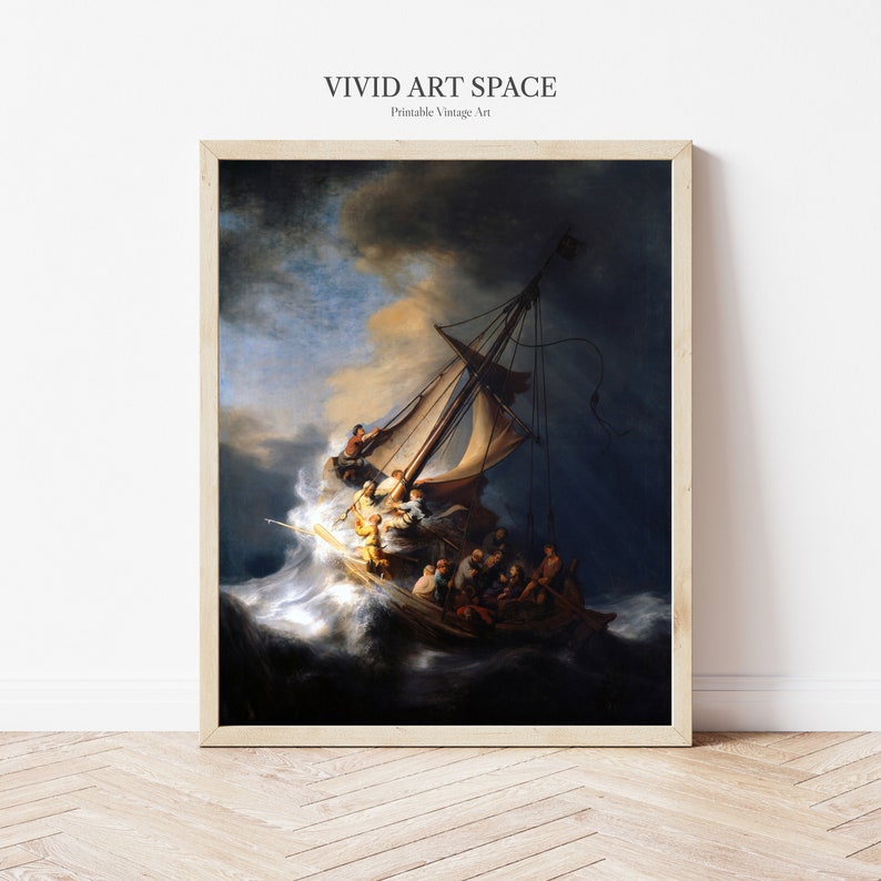 May include: A painting of a ship caught in a storm at sea. The ship is being tossed about by the waves, and the people on board are struggling to stay afloat. The sky is dark and stormy, and the sea is churning with whitecaps. The painting is a classic example of Dutch Golden Age art.