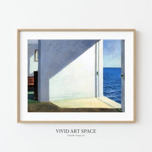 May include: A painting depicting a room with a door opening onto a view of the sea. The room is painted in shades of blue and white, with a single window on the left. The sea is a deep blue, with white waves breaking on the shore.