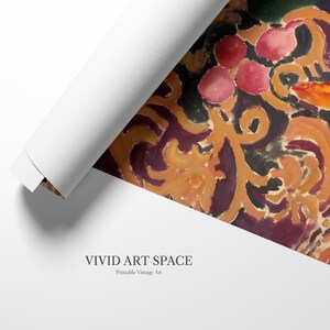 May include: Rolled canvas print featuring a vibrant abstract painting with orange, purple, and black hues. The artwork includes organic shapes and forms, with the text "VIVID ART SPACE Printable Vintage Art" at the bottom.