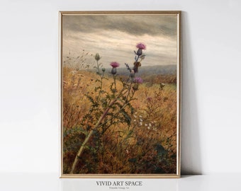 May include: A vintage painting depicting a field of wildflowers with a single stalk of purple thistle in the foreground. The sky is cloudy and the field is a muted brown and green.