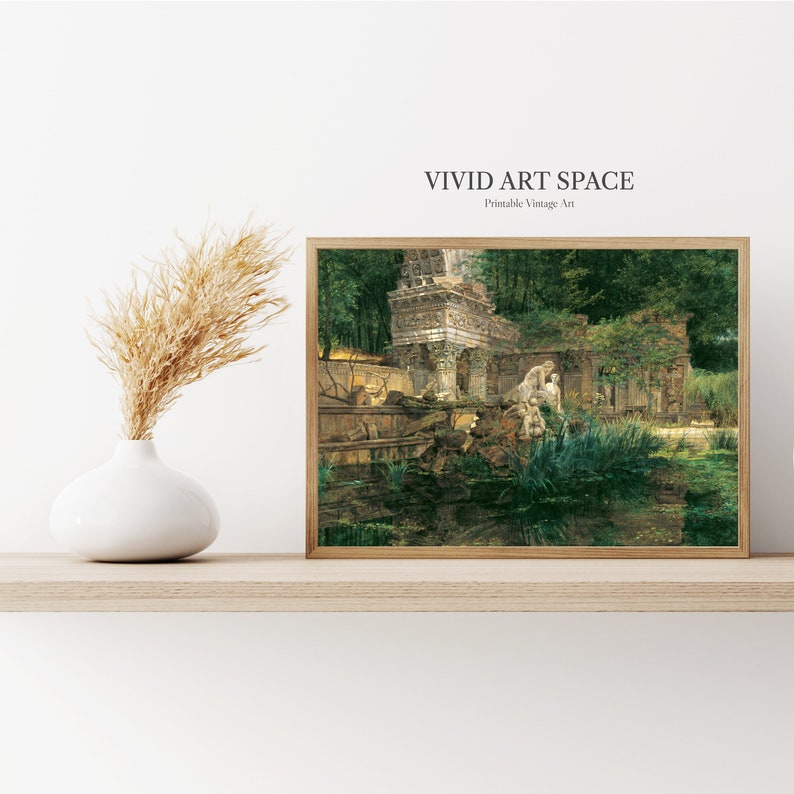 May include: A vintage painting of a stone building with a pond in front of it. The building is surrounded by trees and bushes. The pond is reflecting the sky and the trees. The painting is in a wooden frame.