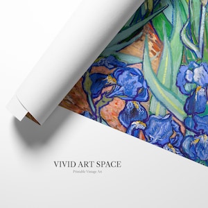 May include: Rolled canvas print featuring a detail from a painting of blue irises with green leaves. The artwork has a textured appearance with visible brushstrokes. The canvas is partially unrolled, revealing a white backing. The text "VIVID ART SPACE Printable Vintage Art" is visible.