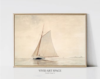May include: A vintage watercolor painting of a sailboat with white sails on a calm sea. The sky is a soft blue with hints of clouds. The painting is framed in a gold frame.