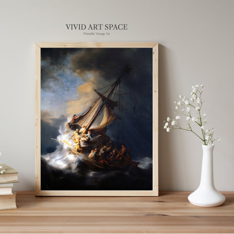 May include: A framed painting of a ship caught in a stormy sea. The ship is being tossed about by the waves, and the sky is dark and stormy. The painting is in a wooden frame.