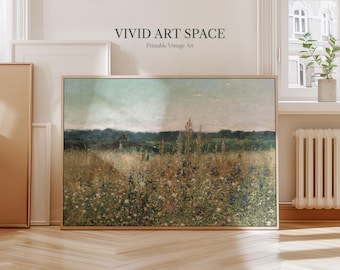 May include: A vintage landscape painting featuring a field of wildflowers in shades of blue, green, and yellow. The painting has a soft, dreamy feel and is framed in a simple wooden frame.
