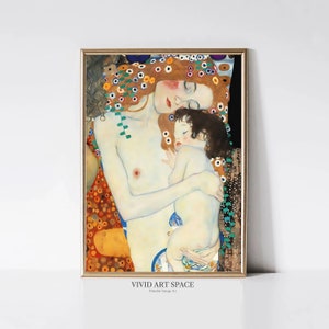 グスタフ・クリムト 母と子 | 現代肖像画 | アールヌーボー ポスター | 家族愛プリント | 印刷可能なウォールアート | デジタルダウンロード