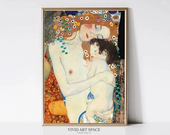 Gustav Klimt: Madre e hijo / Retrato moderno / Póster Art Nouveau / Impresión de amor familiar / Arte mural imprimible / Descarga digital