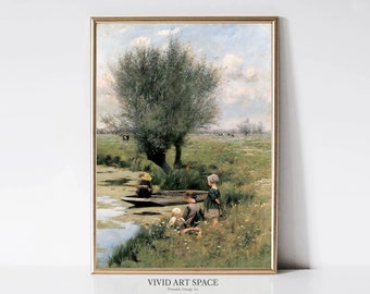 Afternoon Along The River | Vintage Landscape Painting Print | Rustic Country Art Print | Printable Wall Art | Digital Download