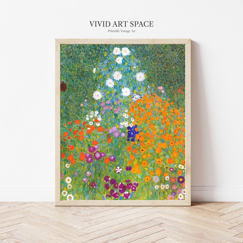 May include: A framed print of a colorful garden scene. The artwork features a vibrant array of flowers in shades of orange, purple, red, and white, set against a green background. The text "VIVID ART SPACE" is at the top.
