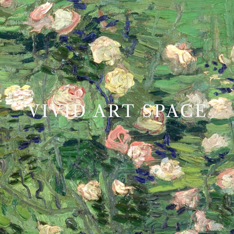 Puede incluir: Una pintura impresionista de rosas en un jard&iacute;n. La obra presenta una vibrante mezcla de rosas rosas, amarillas y blancas sobre un fondo de follaje verde. El texto "VIVID ART SPACE" est&aacute; superpuesto en la imagen.