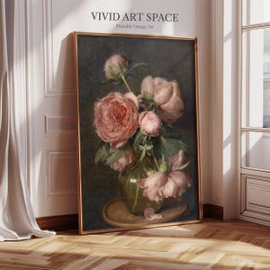 Moody Pink Peonies Painting Print | Vintage Floral Print | Flower Art | Canvas Print | Giclée Print | Fine Art Print | Large Wall Art Print