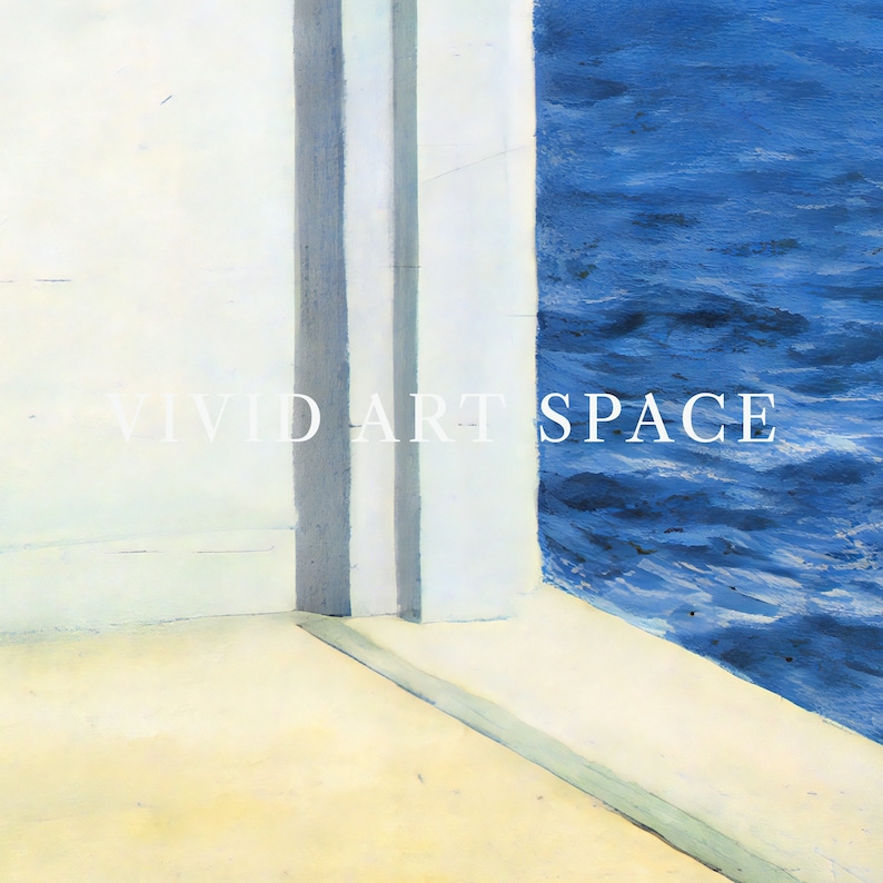 May include: Abstract painting of a white wall with a grey vertical stripe and a blue ocean in the background. The text "VIVID ART SPACE" is visible in the lower centre of the image.