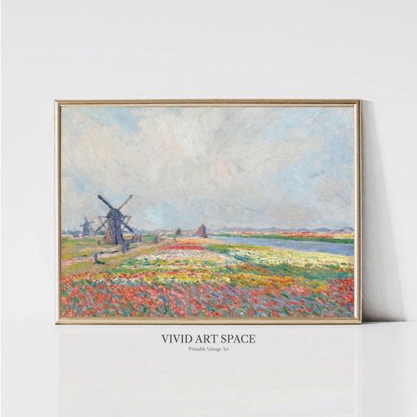 Claude Monet Tulip Fields near the Hague | Impressionist Landscape Painting | Country Flower Print | Printable Wall Art | Digital Download