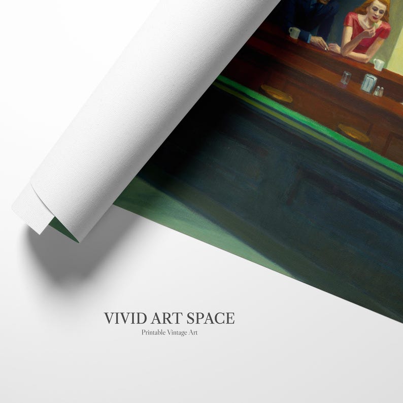 May include: A rolled canvas print of Edward Hopper's "Nighthawks" painting. The artwork depicts a diner scene with three patrons at the counter. The canvas is partially unrolled, revealing the artwork and the "VIVID ART SPACE" logo.