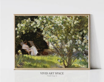 French Garden | Country Art Print | Vintage Landscape Painting | Victorian Woman Reading Poster | Printable Wall Art | Digital Download
