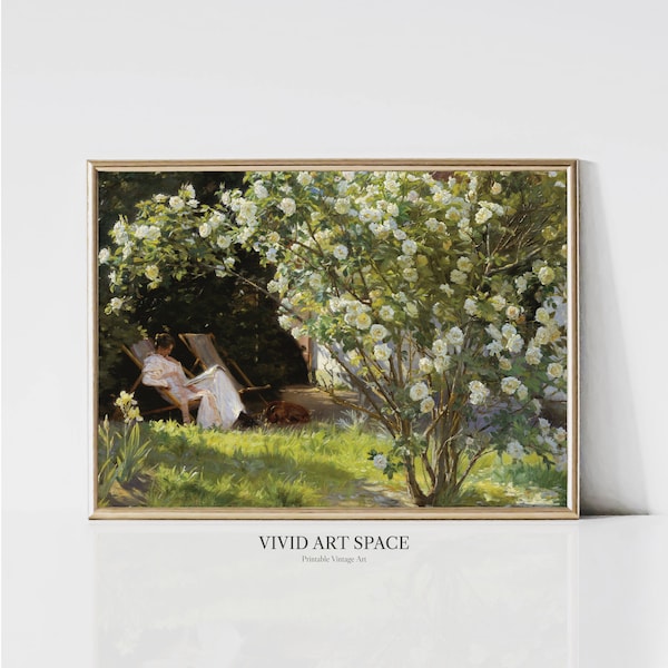 Jardín francés / Impresión de arte rural / Pintura de paisaje vintage / Cartel de lectura de mujer victoriana / Arte de pared imprimible / Descarga digital