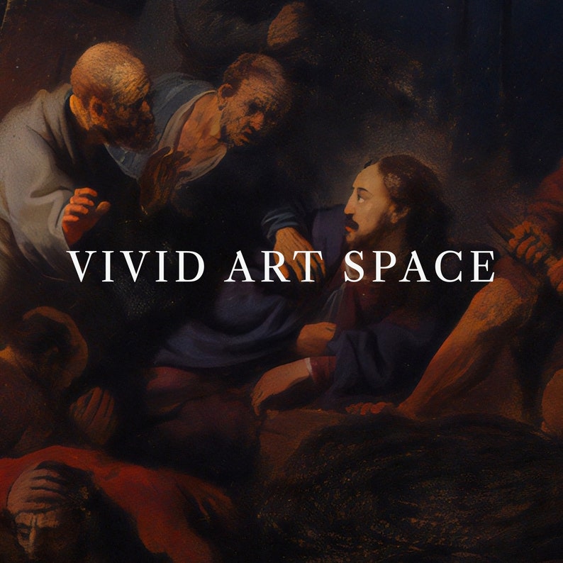 May include: A painting depicting a scene from the Bible, with a group of men gathered around a central figure. The central figure is wearing a blue robe and has a beard. The other men are wearing various clothing, and some are holding weapons. The painting is dark and moody, with a sense of drama and tension.